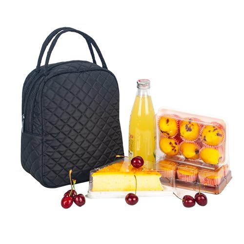 Cute Insulated Quilted Lunch Tote for Women - Machine Washable Thermal Bag (Black)